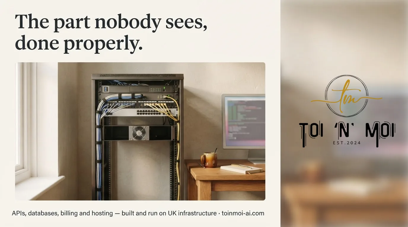 The part nobody sees, done properly — APIs, databases, billing and hosting